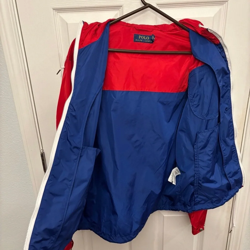 Polo Ralph Lauren Red Blue Hooded Full Zip Windbreaker Rain Winter Jacket Men L